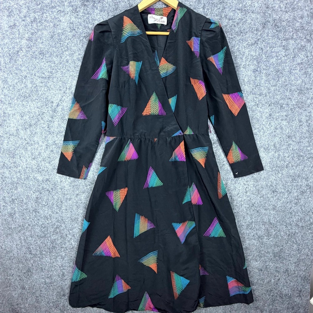 Vintage Caron Wrap Dress Womens M Petite Black Geometric Triangle 90s 80s Retro